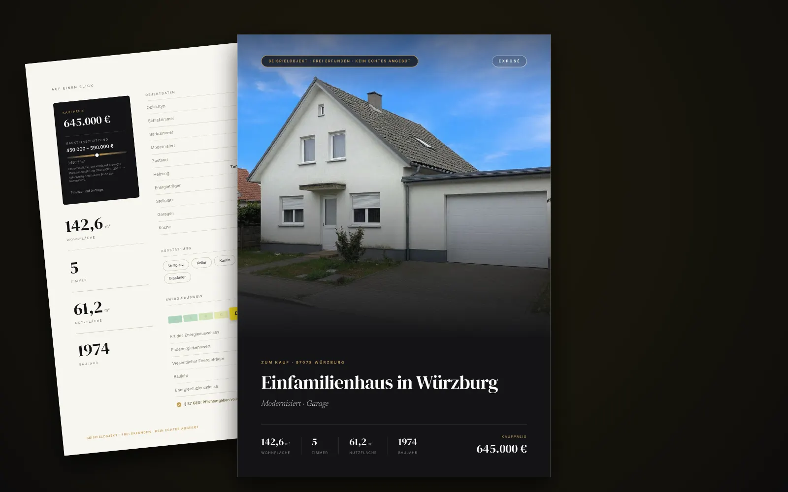 Exposé des Beispielobjekts in Würzburg: Titelseite mit Foto, Titel und Kaufpreis, dahinter zwei weitere Seiten